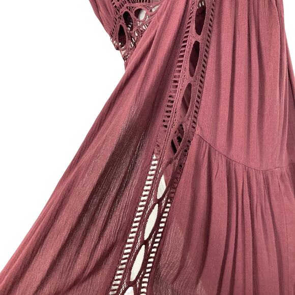 NWOT RUE21 Cardigan Cover-Up Robe Dress M Burgundy Crochet Ruffle Button Maxi - Picture 7 of 8